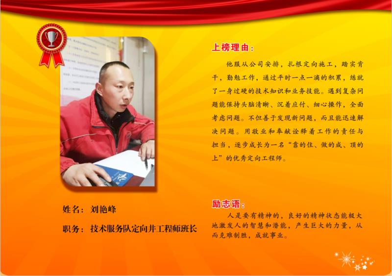 同邦公司银牌员工--技术服务队定向井工程师班长刘艳峰